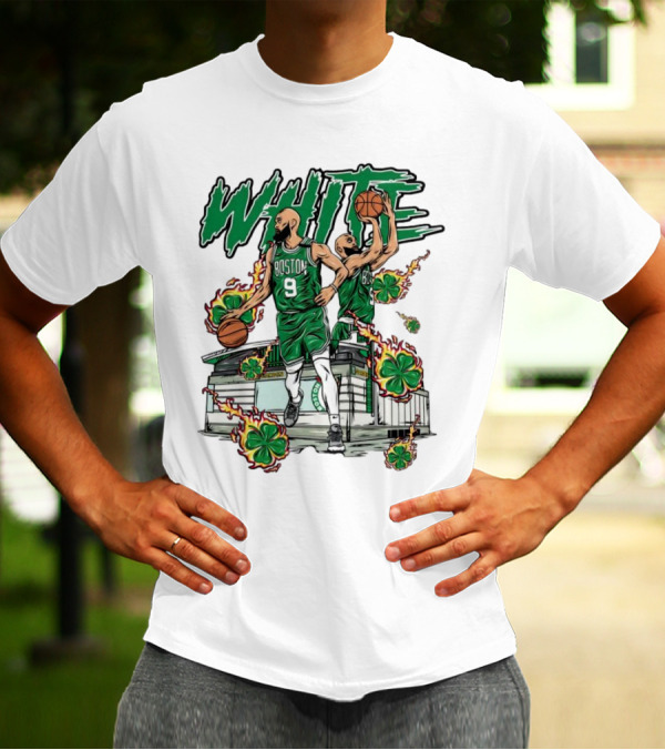 Boston Celtics White 9 Basketball Player With Shamrocks And Basketball Court T-Shirt