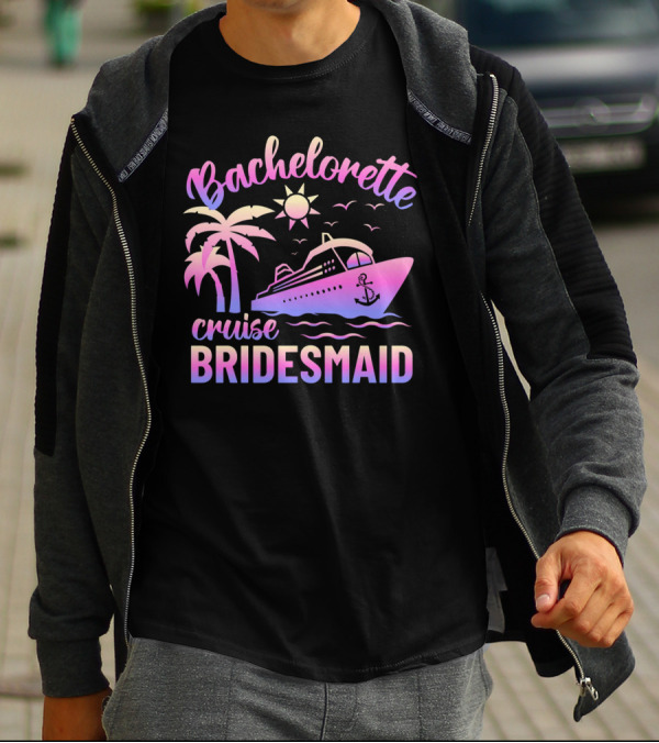 Bachelorette Cruise Bridesmaid Sun Palm Trees Anchor Ocean Waves T-Shirt