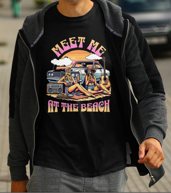 Meet Me At The Beach Sunset Paradise With Classic Car And Guitar T-Shirt