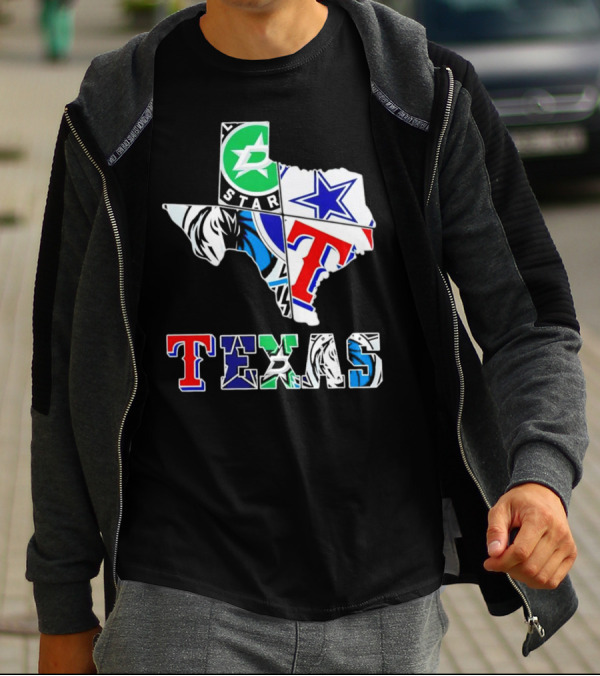 Dallas Hockey Cowboys Rangers Mavericks Texas Map T-Shirt