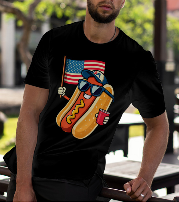 Fourth Of July USA Hotdog With American Flag And Sunglasses T-Shirt