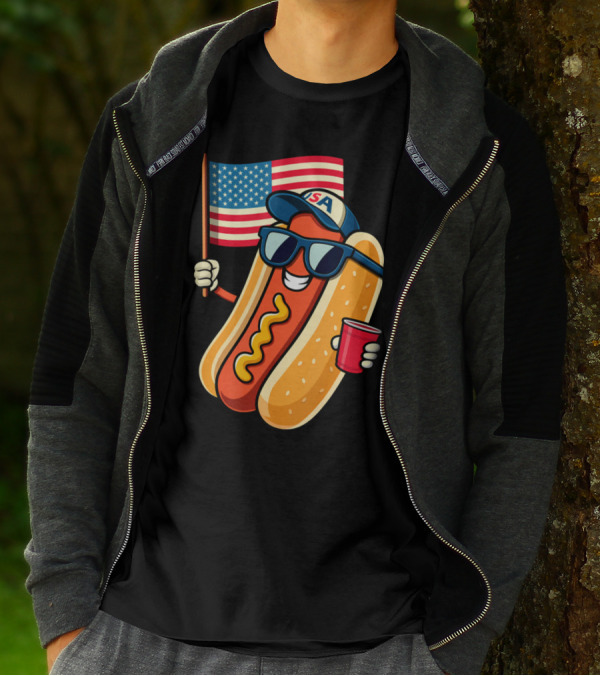 Fourth Of July USA Hotdog With American Flag And Sunglasses T-Shirt