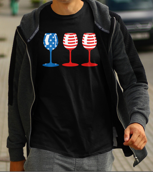 American Flag Fourth Of July Wine Glass Trio Stars And Stripes Patriotic T-Shirt