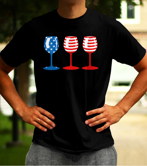American Flag Fourth Of July Wine Glass Trio Stars And Stripes Patriotic T-Shirt