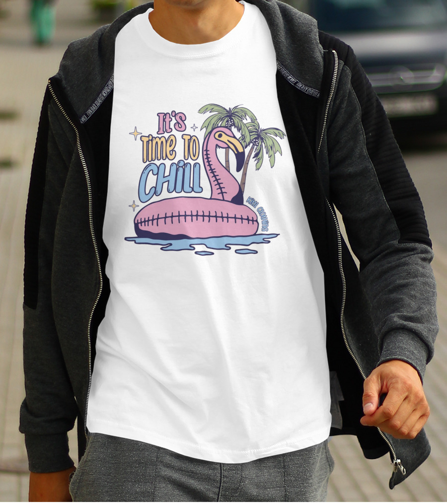 It's Time To Chill Flamingo Palm Trees Ocean Keith Owings T-Shirt