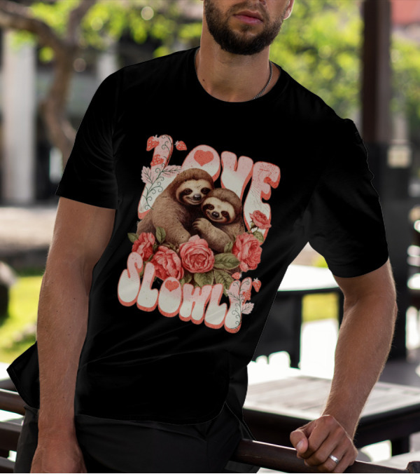 Love Slowly Sloth Couple Romance Valentine Heart Roses T-Shirt