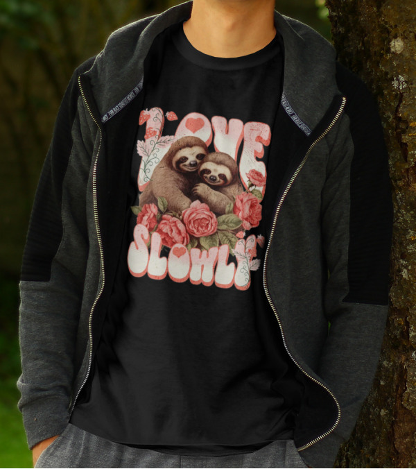 Love Slowly Sloth Couple Romance Valentine Heart Roses T-Shirt