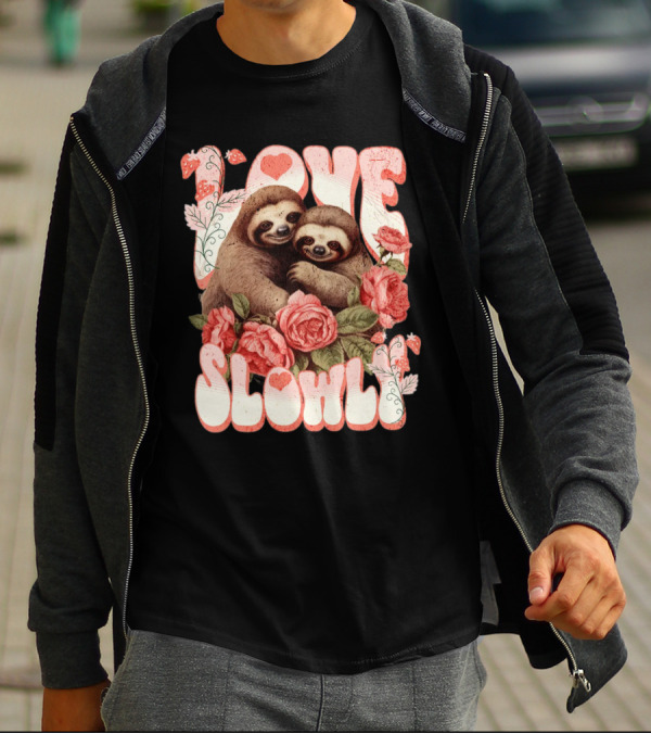 Love Slowly Sloth Couple Romance Valentine Heart Roses T-Shirt