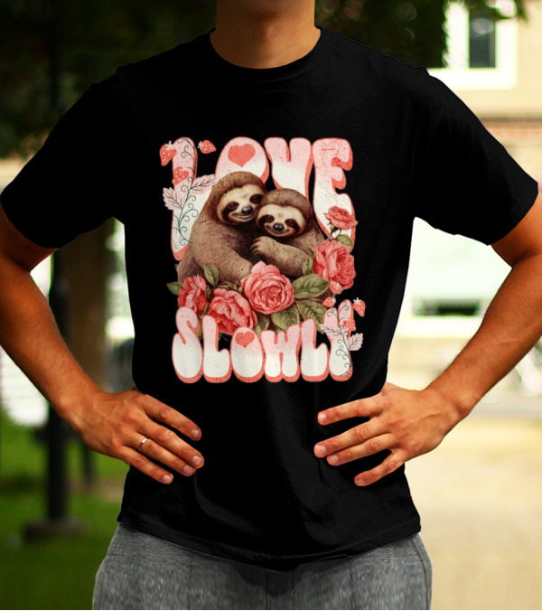 Love Slowly Sloth Couple Romance Valentine Heart Roses T-Shirt