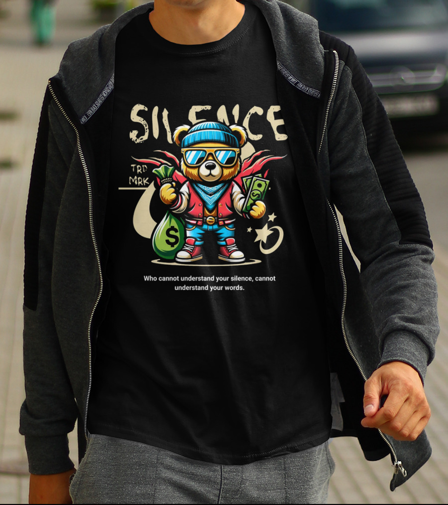 SILENCE Bear In Shades With Money Bags TRD MRK T-Shirt