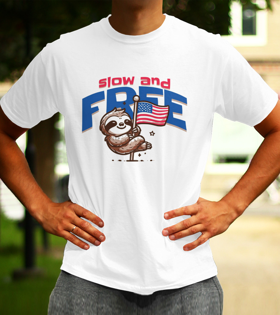 Slow And Free Sloth With American Flag T-Shirt