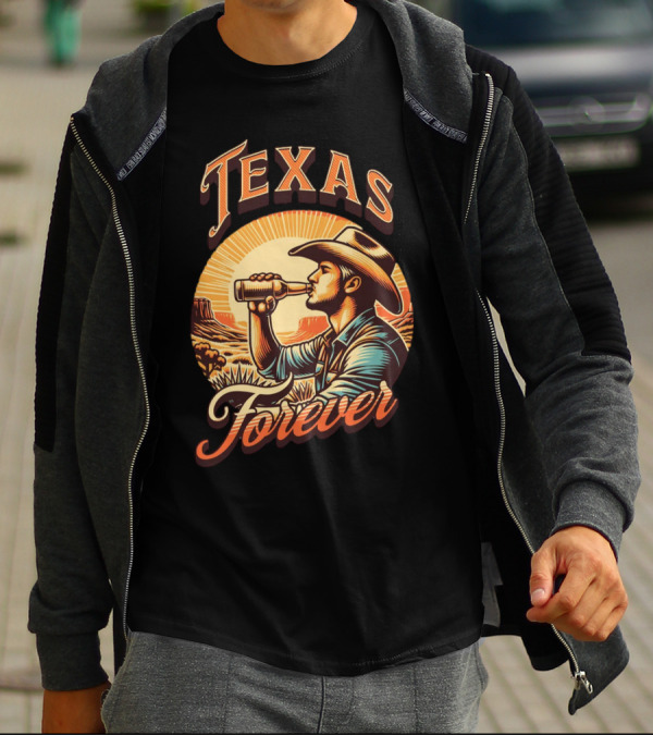 Texas Forever Cowboy Drinking Beer Sunset Desert Scene T-Shirt