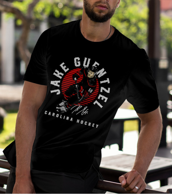 Jake Guentzel Carolina Hockey Number 59 Emblem With Red Circle And Signature T-Shirt