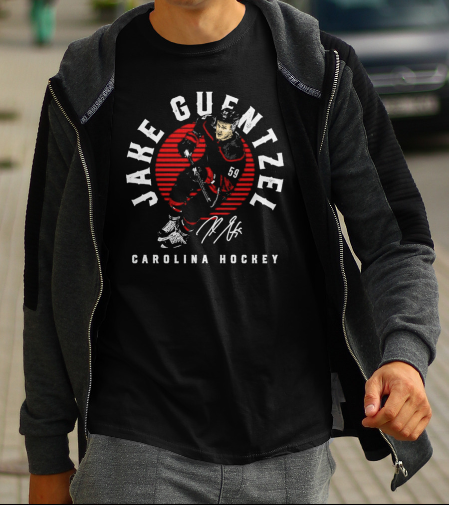 Jake Guentzel Carolina Hockey Number 59 Emblem With Red Circle And Signature T-Shirt