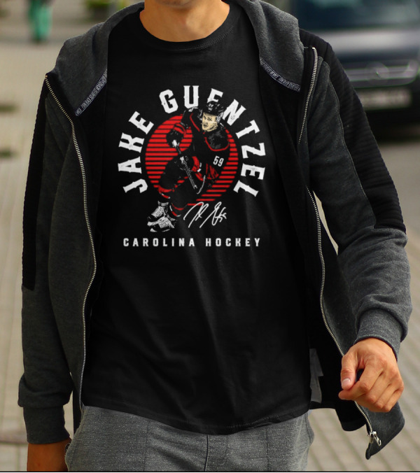 Jake Guentzel Carolina Hockey Number 59 Emblem With Red Circle And Signature T-Shirt