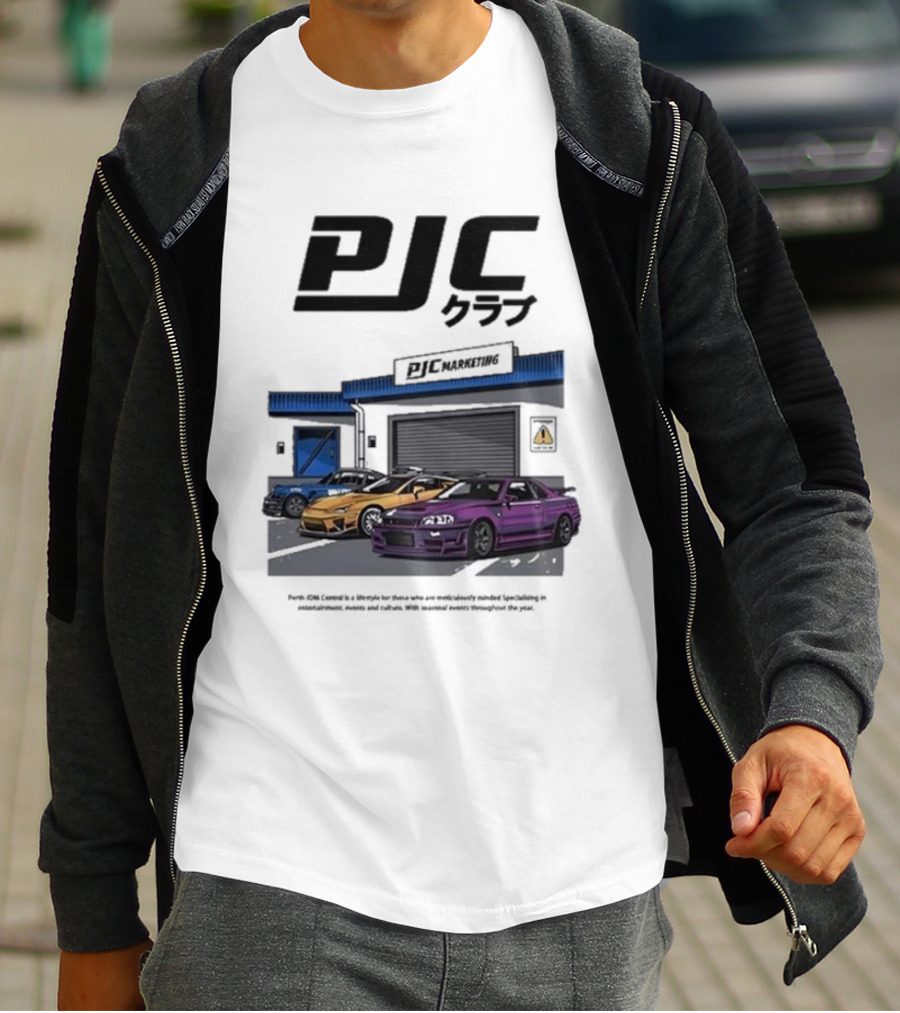 PJC クラブ Perth JDM Central PJC Marketing Garage Cars T-Shirt