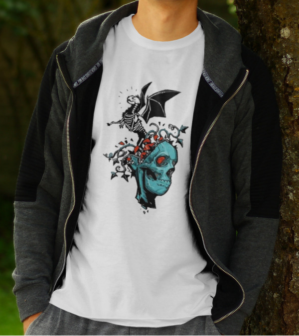 Scott Buoncristiano Skeleton Head With Dragon And Red Accents T-Shirt
