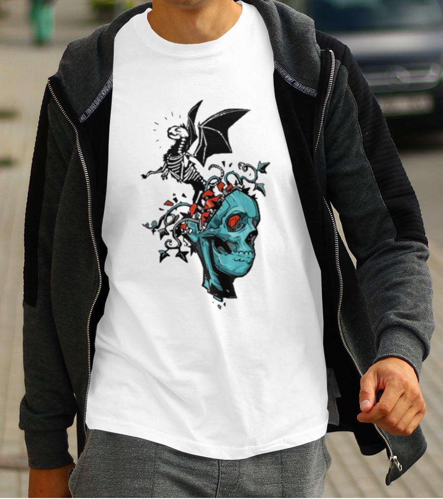 Scott Buoncristiano Skeleton Head With Dragon And Red Accents T-Shirt