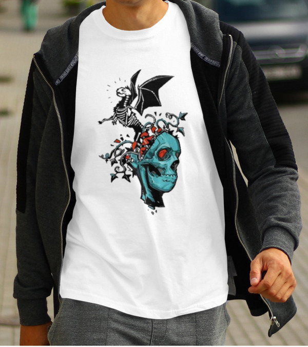 Scott Buoncristiano Skeleton Head With Dragon And Red Accents T-Shirt
