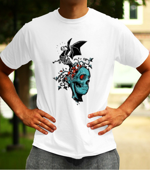 Scott Buoncristiano Skeleton Head With Dragon And Red Accents T-Shirt