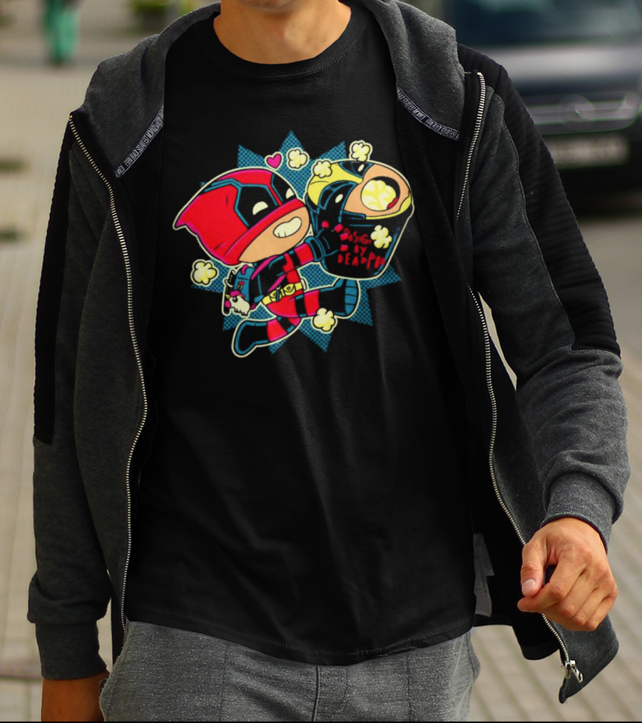 Deadpool Wolverine Pushing By Deadpool Popcorn Buckets Heart T-Shirt
