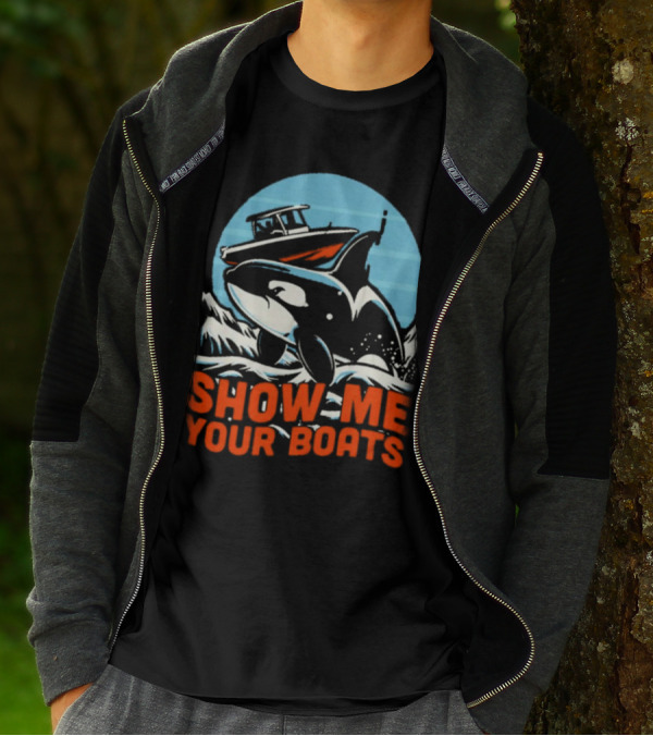Orca Breaching Waves With Speedboat Show Me Your Boats T-Shirt