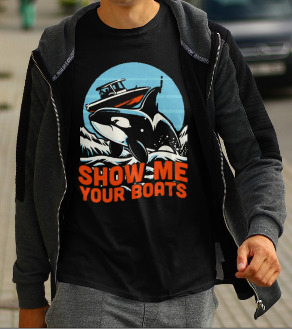 Orca Breaching Waves With Speedboat Show Me Your Boats T-Shirt