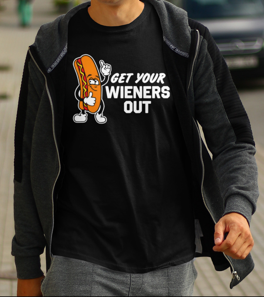 Get Your Wieners Out Animated Hotdog Thumbs Up Comedy T-Shirt