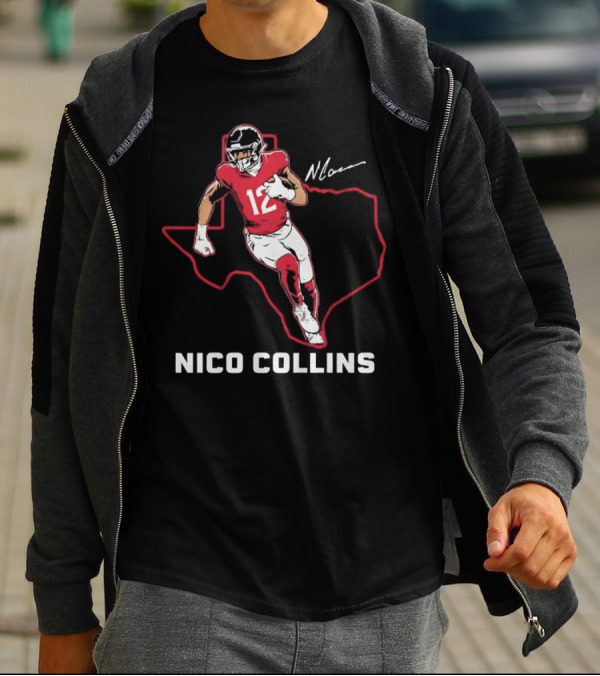 Nico Collins 12 Houston Texans State Outline Signature T-Shirt