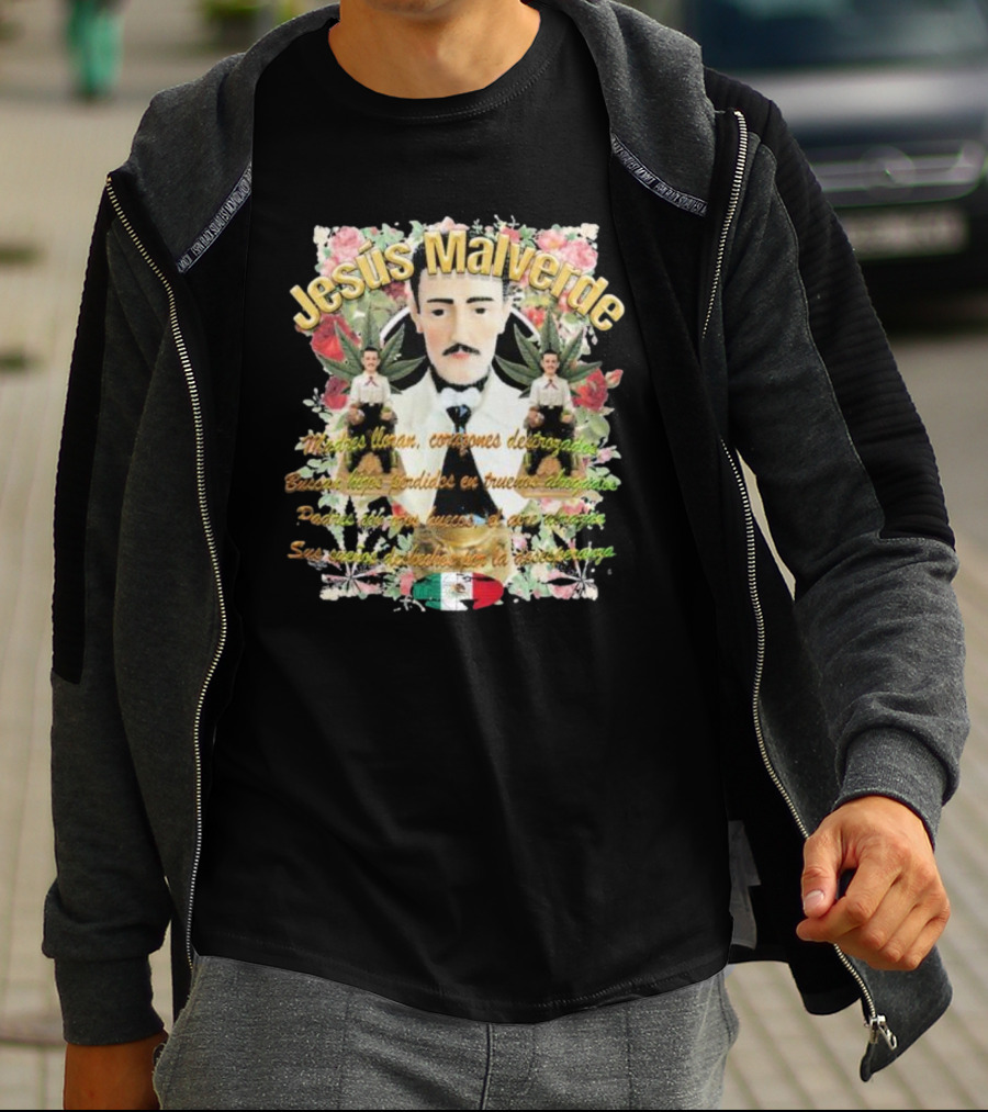Jesús Malverde Iconic Figure With Flowers And Mexican Flag T-Shirt