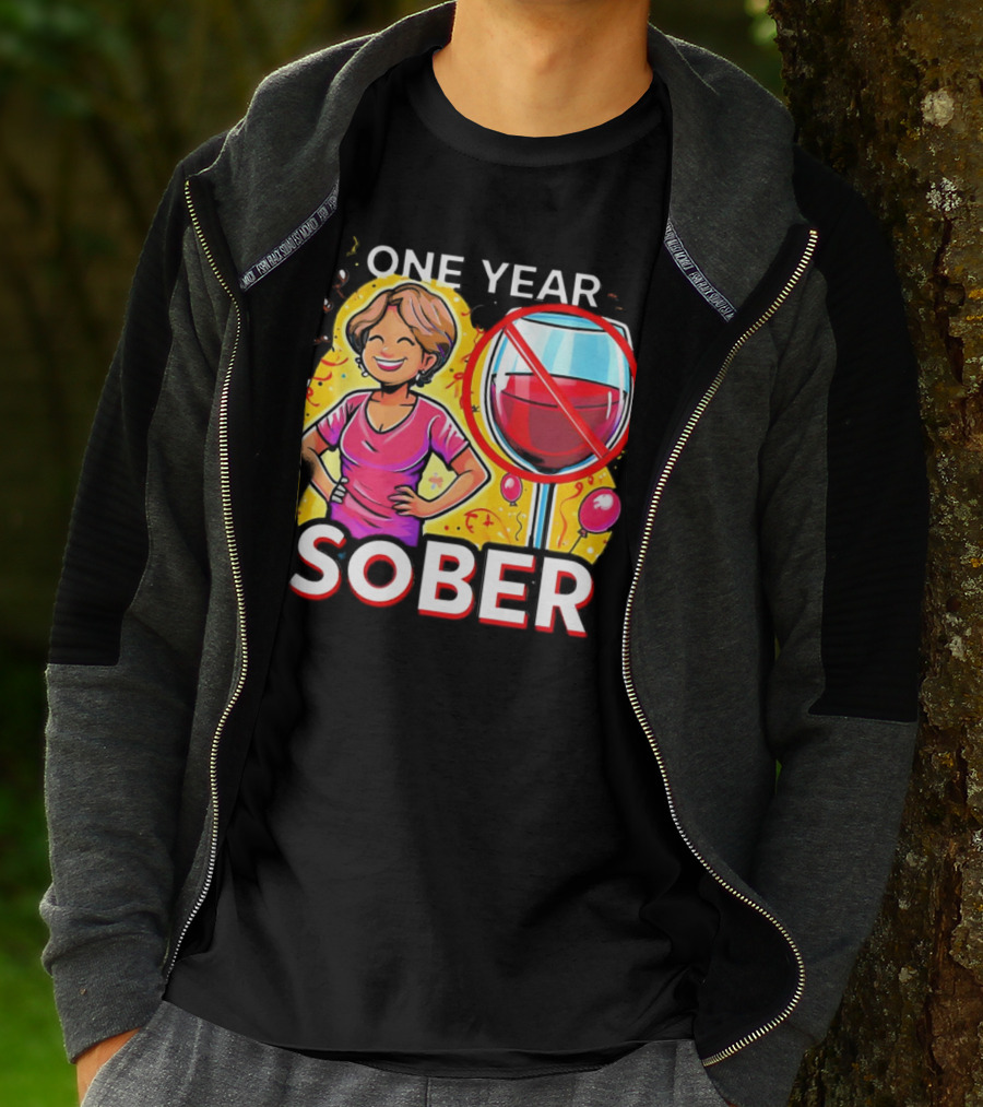 One Year Sober Celebration With Joyful Woman And No Wine T-Shirt