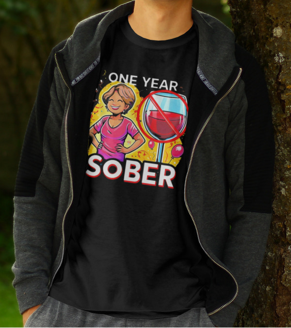 One Year Sober Celebration With Joyful Woman And No Wine T-Shirt