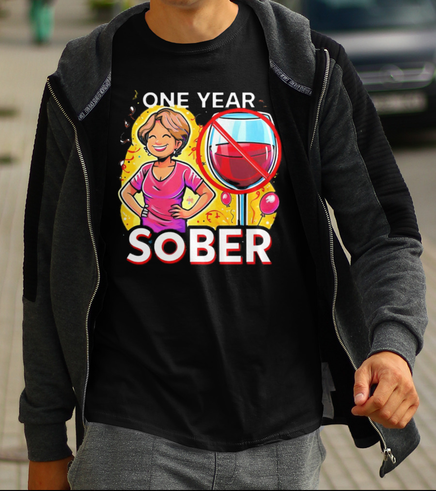 One Year Sober Celebration With Joyful Woman And No Wine T-Shirt