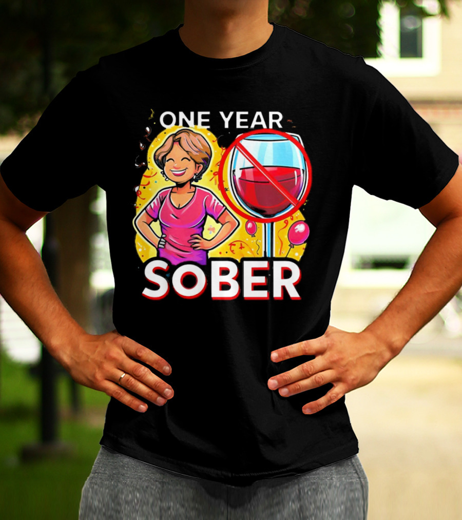 One Year Sober Celebration With Joyful Woman And No Wine T-Shirt