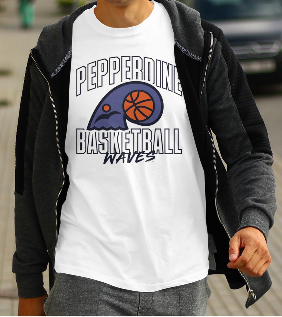 Pepperdine Waves Basketball Logo With Orange Basketball And Wave T-Shirt