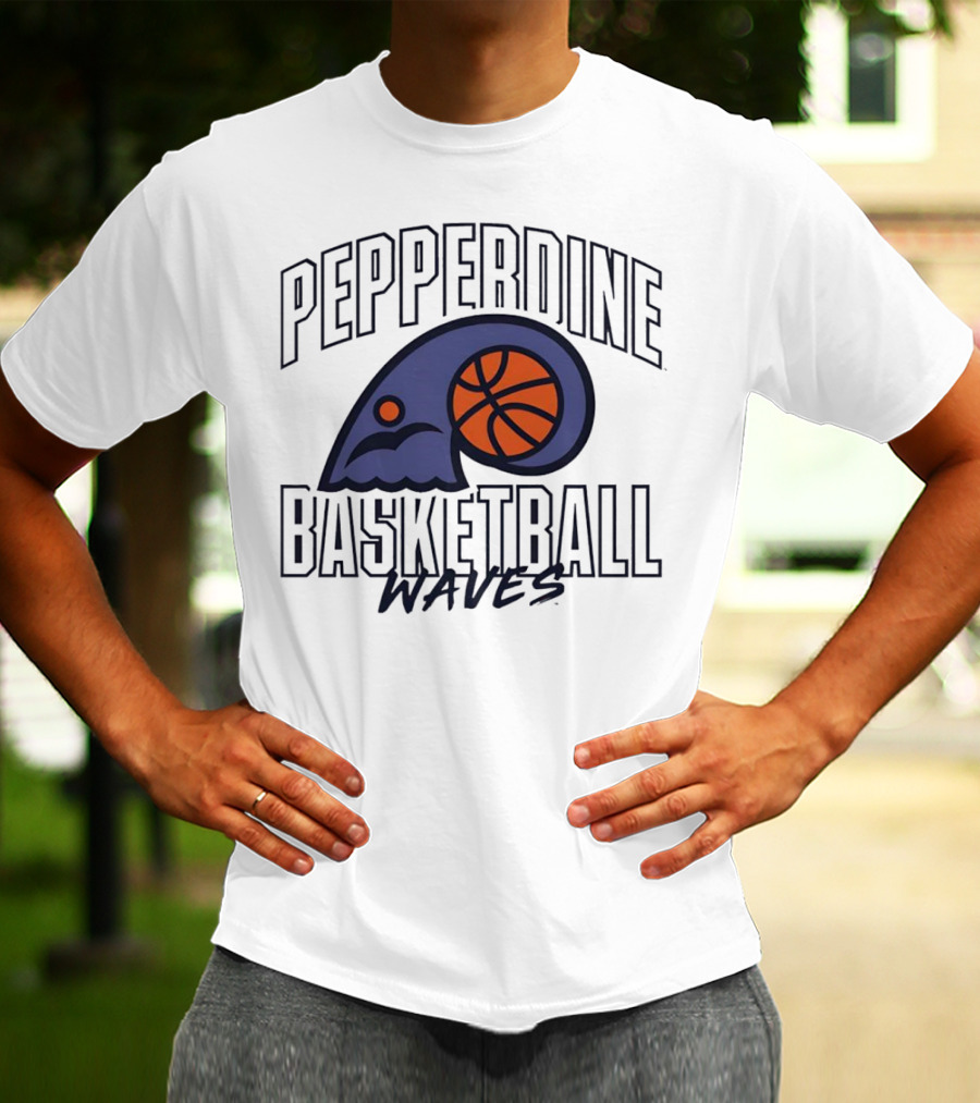 Pepperdine Waves Basketball Logo With Orange Basketball And Wave T-Shirt