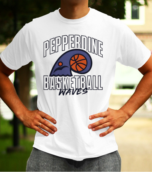 Pepperdine Waves Basketball Logo With Orange Basketball And Wave T-Shirt