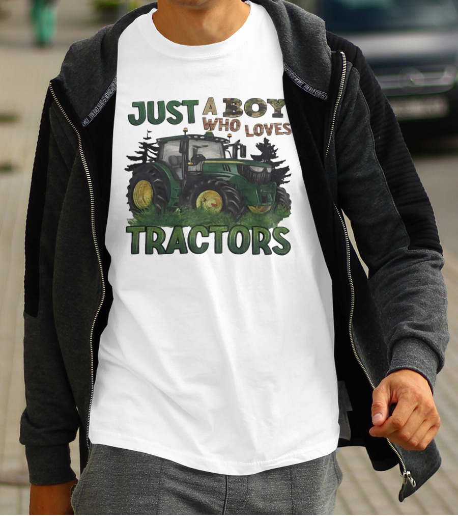 Just A Boy Who Loves Tractors With Green Farm Tractor Image T-Shirt