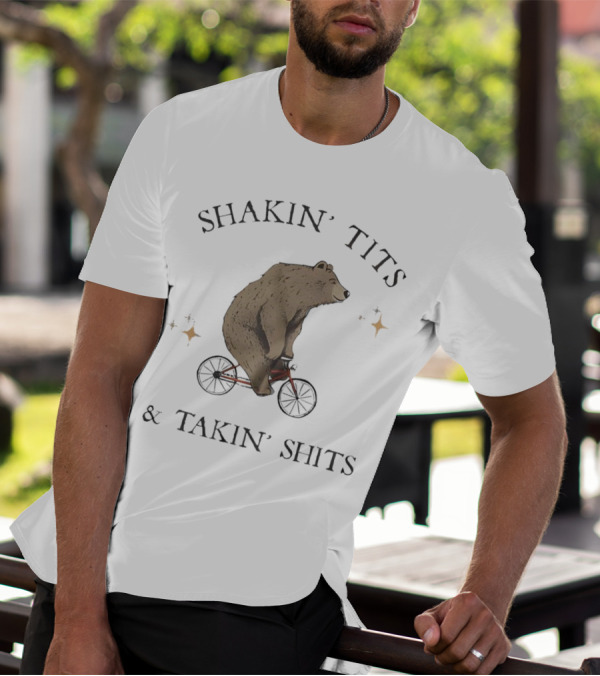 Shakin' Tits Bear Riding Bicycle And Takin' Shits With Stars T-Shirt