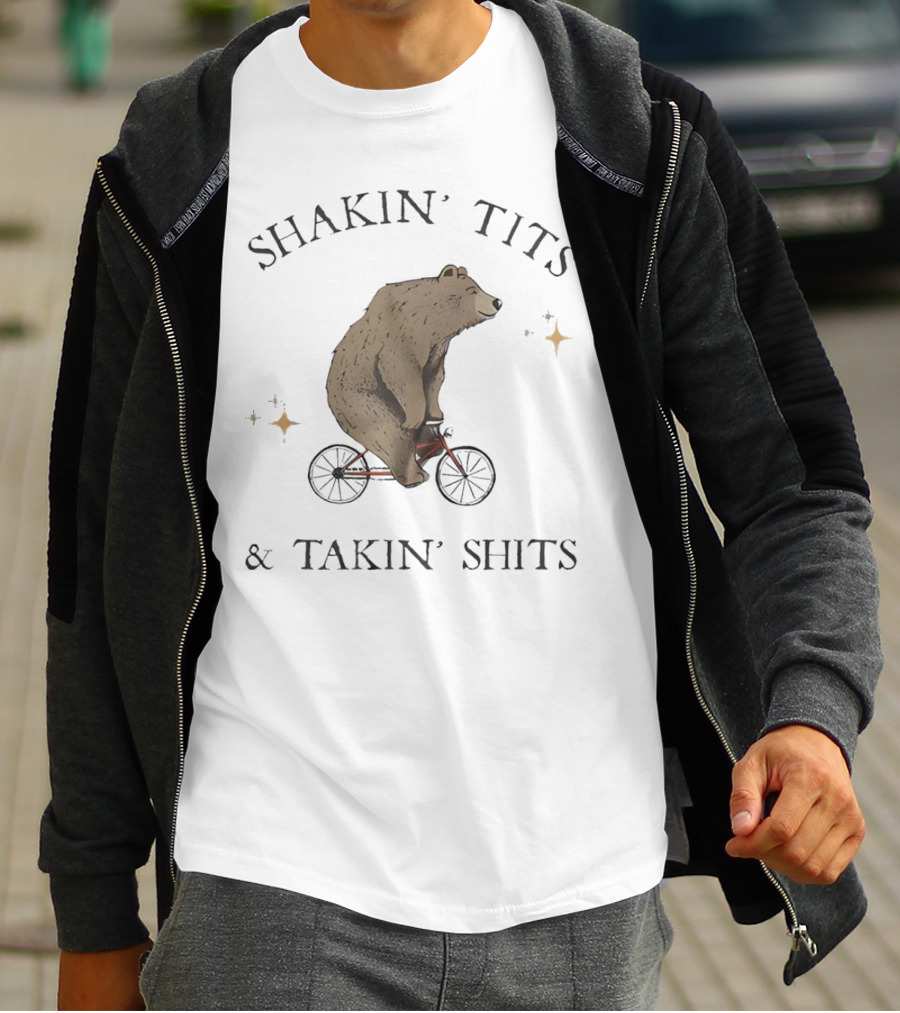 Shakin' Tits Bear Riding Bicycle And Takin' Shits With Stars T-Shirt