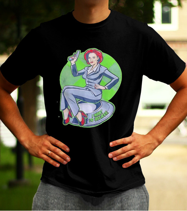 Gillian Anderson I Want To Believe Retro Cartoon Alien T-Shirt