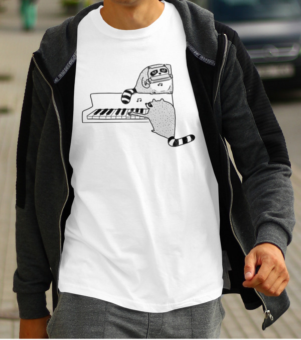 Racoon Playing Piano Nocturnal Musicians With Harmonica Duo T-Shirt