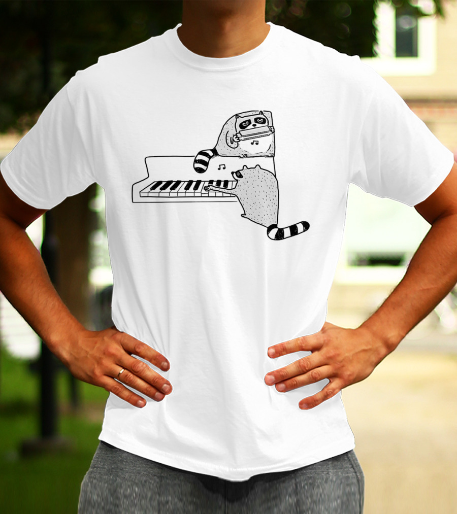 Racoon Playing Piano Nocturnal Musicians With Harmonica Duo T-Shirt