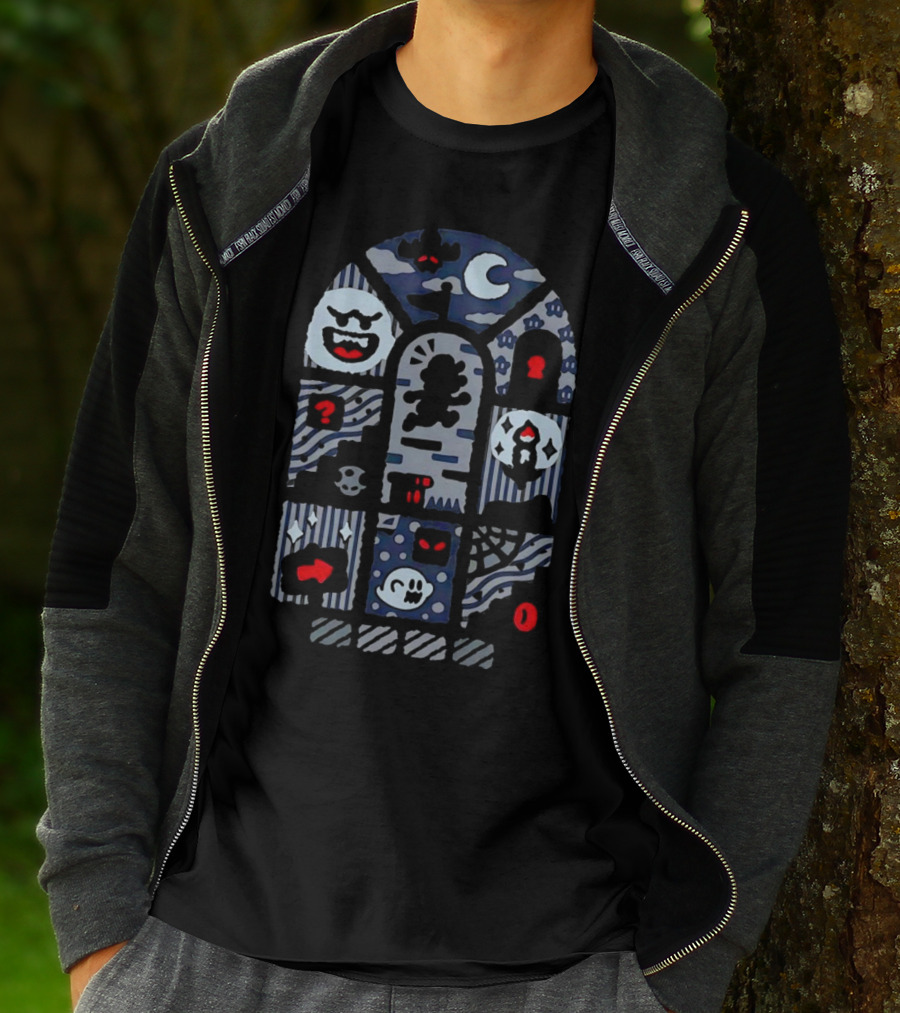 Super Mario World Ghost House Scene Elements Featuring Boo, Skull, And Keyhole T-Shirt