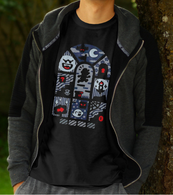 Super Mario World Ghost House Scene Elements Featuring Boo, Skull, And Keyhole T-Shirt