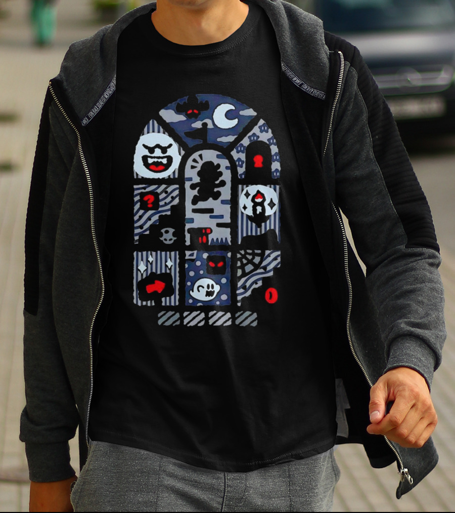 Super Mario World Ghost House Scene Elements Featuring Boo, Skull, And Keyhole T-Shirt