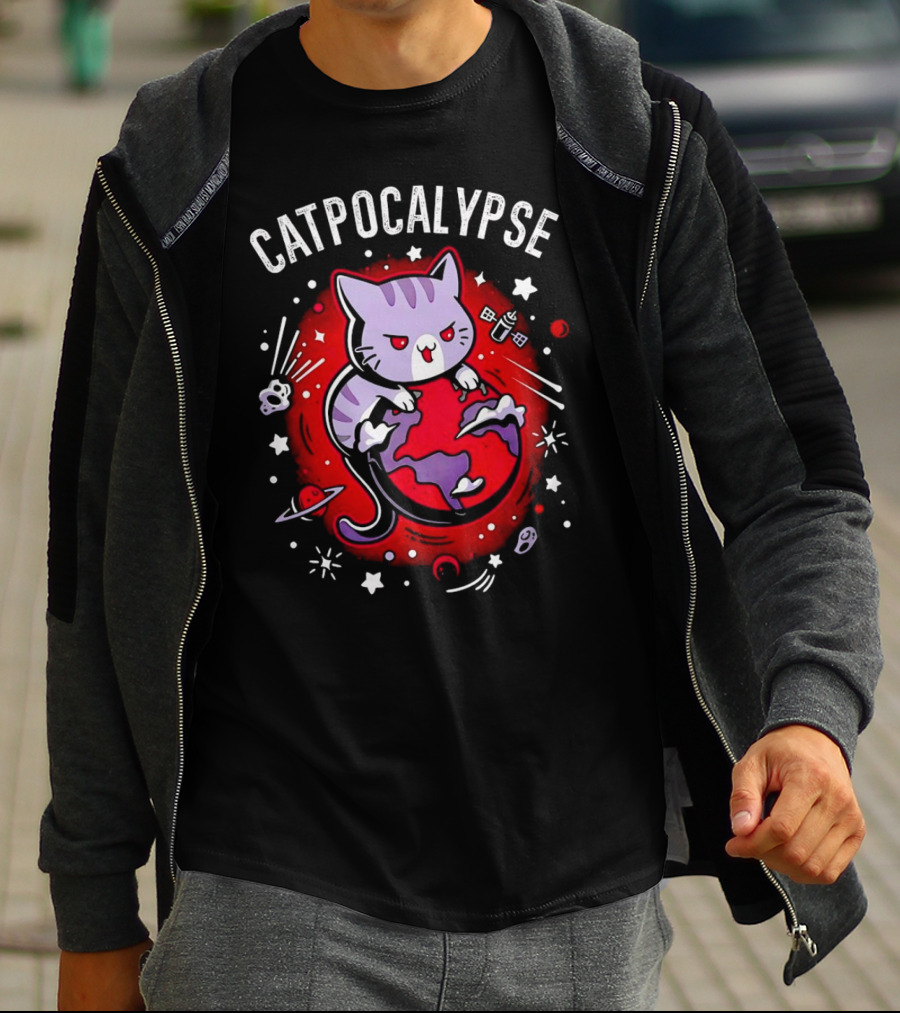 Catpocalypse Cat Battling Earth Amidst Cosmic Chaos T-Shirt