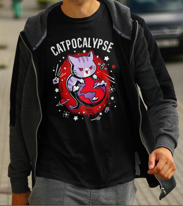 Catpocalypse Cat Battling Earth Amidst Cosmic Chaos T-Shirt