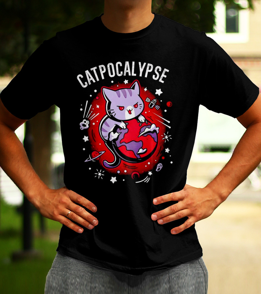 Catpocalypse Cat Battling Earth Amidst Cosmic Chaos T-Shirt
