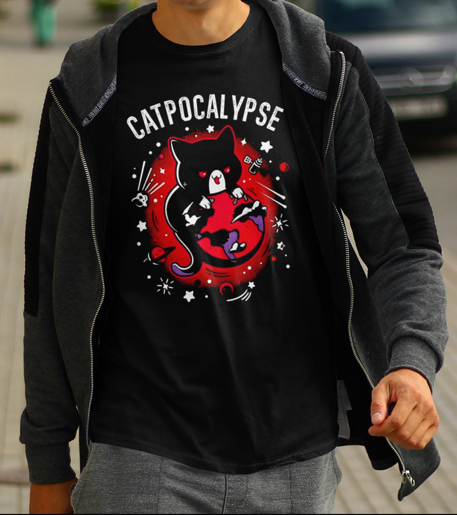 Catpocalypse Red Cat Holding Earth Surrounded By Space Elements T-Shirt